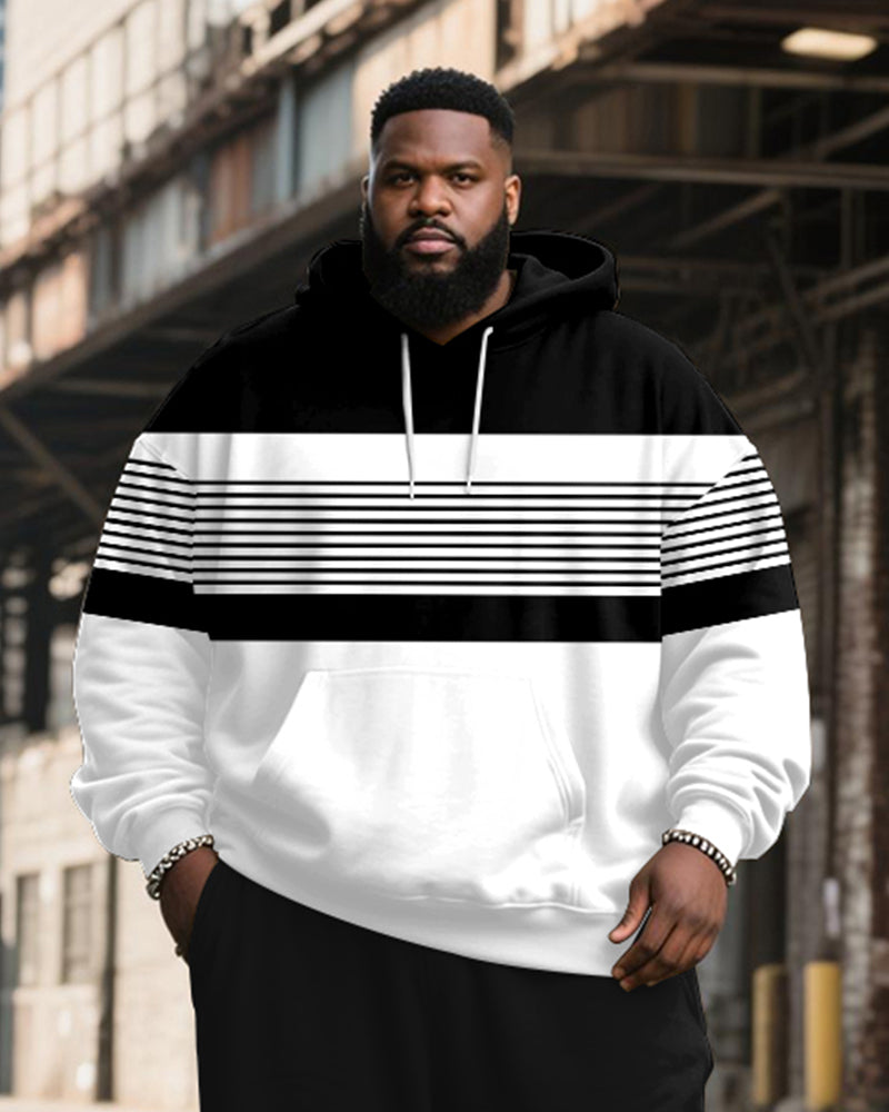 Big & Tall Men's Black And White Stripe Patchwork Printed Hoodie Set