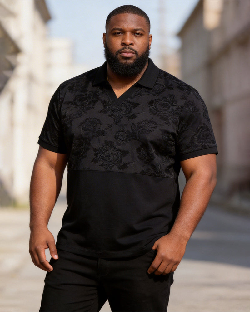 Big & Tall Men's Dark Jacquard Stitching Printed Large Size V-neck Short Sleeve Polo Shirt