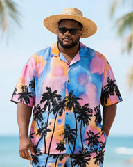 Big & Tall Men's Pink Blue Tie Dye Coconut Tree Print Short Sleeve Shirt Shorts Set