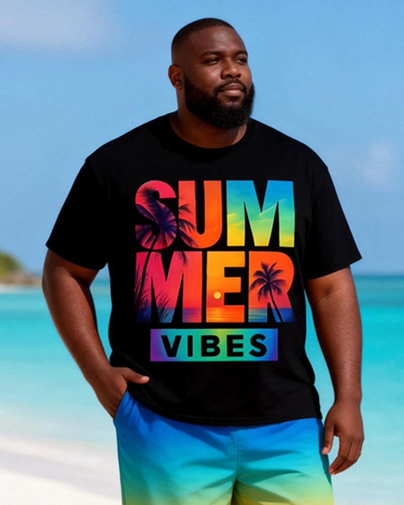 Big & Tall Men's Summer Rainbow Gradient Print Crewneck Short-sleeved T-shirt Shorts Set