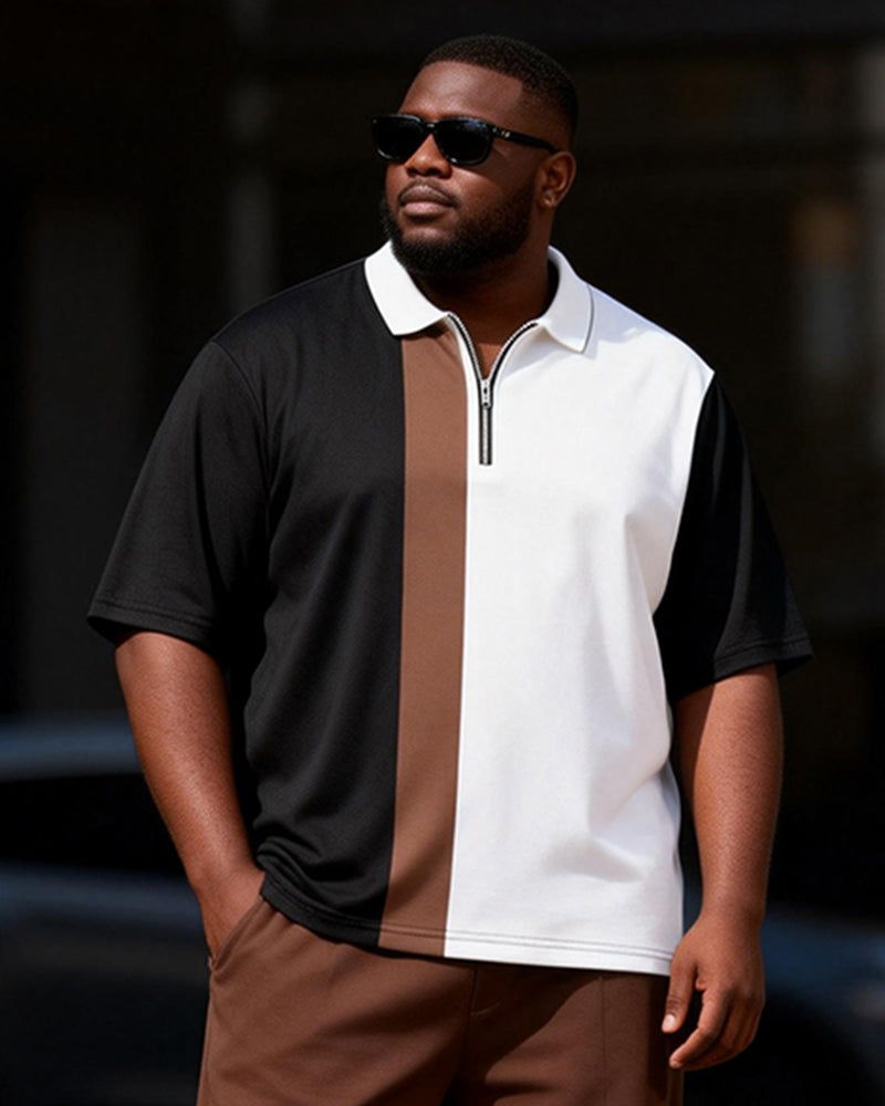 Big & Tall Men's Black And White Brown Stitching Printed Zipper Polo Short Sleeve Trousers Set