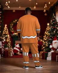 Big & Tall Men's Christmas Gingerbread Man Cosplay Printed Long Sleeve T-Shirt Trousers Suit