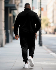 Big & Tall Men's Black Contrast Geometric Printed POLO Collar Zipper Long Sleeve Pants Two-piece Set