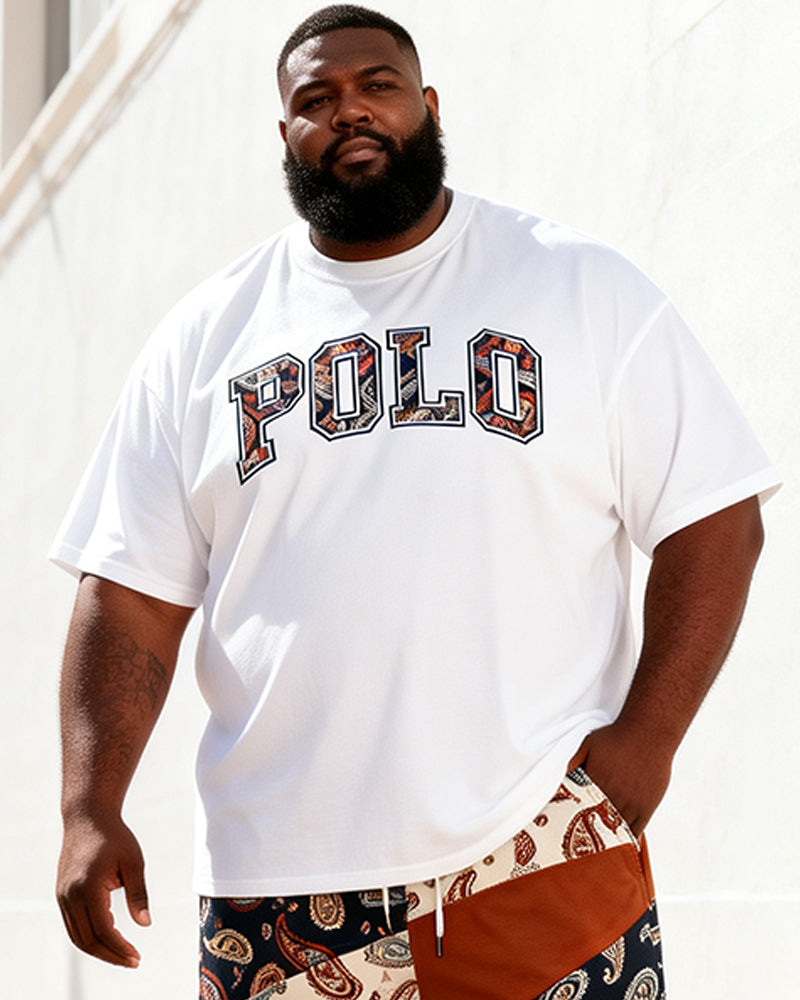 Big & Tall Men's Vintage Cashew Flower POLO Letter Printed Round Neck Short Sleeve T-Shirt Shorts Set
