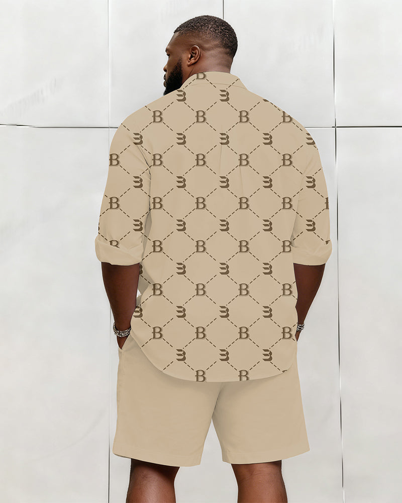 Big & Tall Men's Business Khaki Geometric Letter Print Long Sleeve Shirt Shorts Set