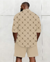 Big & Tall Men's Business Khaki Geometric Letter Print Long Sleeve Shirt Shorts Set