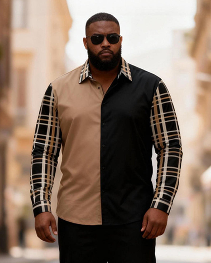 Big & Tall Men's Khaki Black Contrast Check Print Long Sleeve Shirt Trousers Set