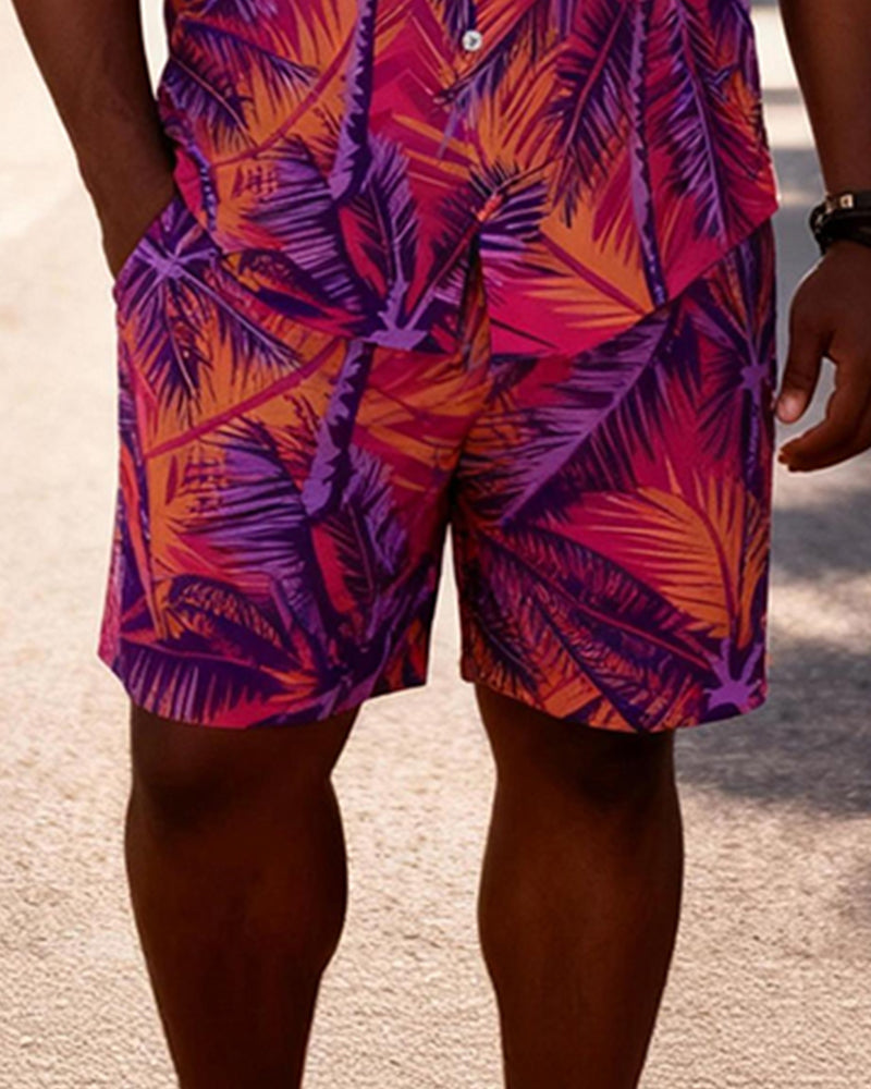 Big & Tall Men's Brown Coconut Retro Printed Short Sleeve Shirt Shorts Set