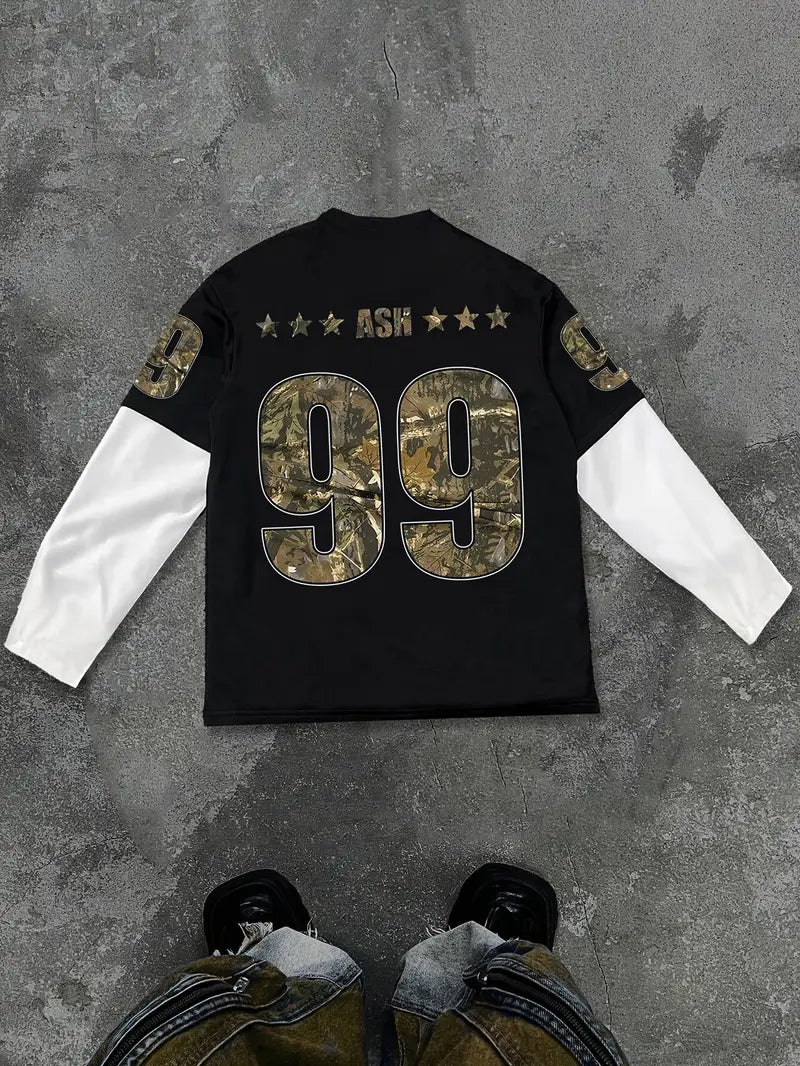 Big & Tall Men's Camouflage 1992 Printed Fake Two-piece Long-sleeved T-shirt