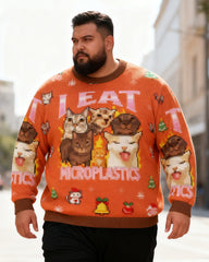 Big & Tall Men's Christmas Orange Cat Print Crewneck Ugly Sweater