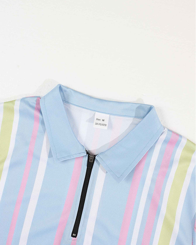 Men's Colorblock Striped Print Short Sleeve Shirt & Shorts Two-Piece Set
