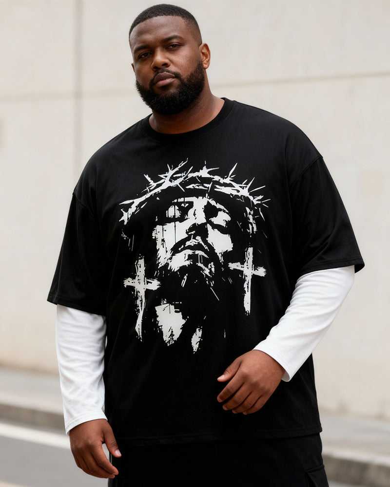 Big & Tall Men's Religious Thorn Head Printed Fake Two Long Sleeve T-Shirts