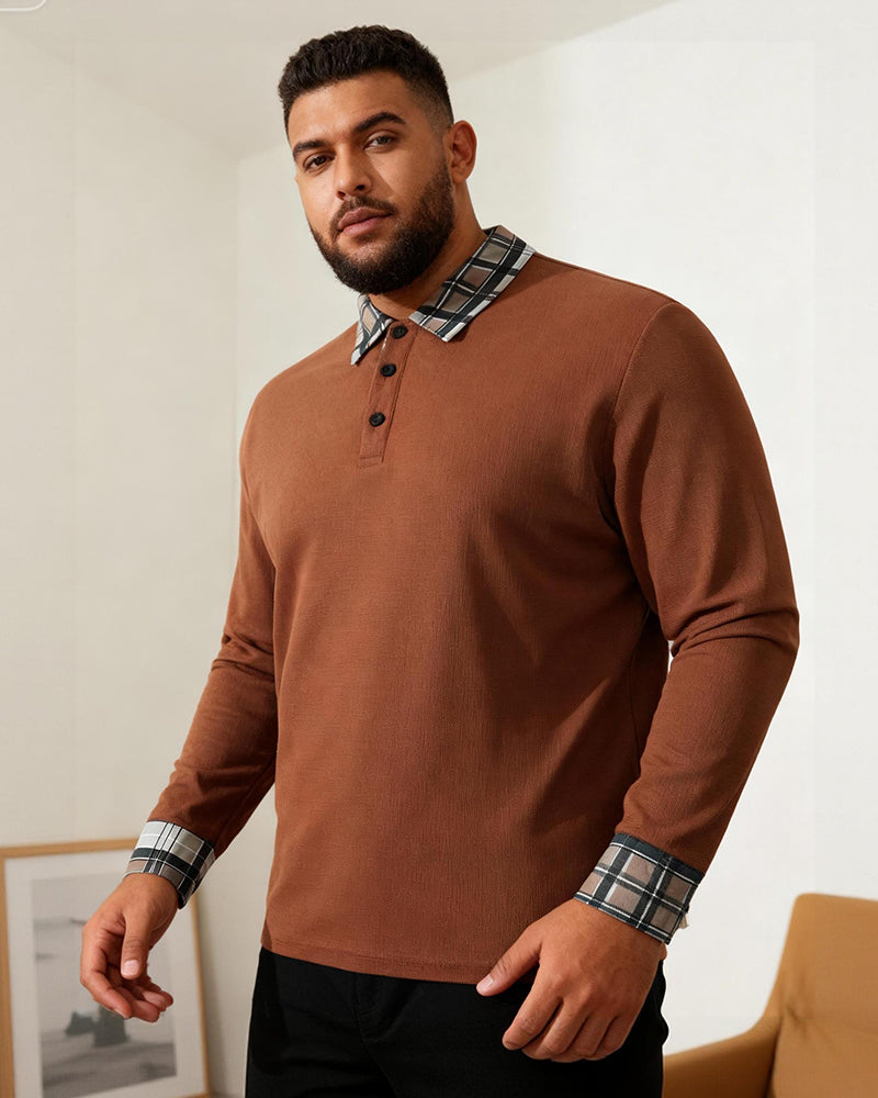 Big & Tall Men's Plaid Long-sleeved Polo Shirt With Lapel S-2XL