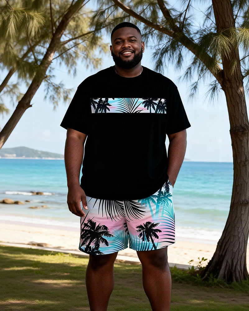 Big & Tall Men's Black Powder Gradient Coconut Printed Round Neck Short Sleeve T-shirt Shorts Set
