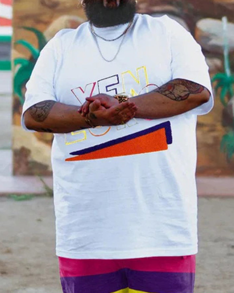 Big & Tall Men's White Bottom Fine Color Geometric Graffiti Print Crewneck Short Sleeve T-Shirt Shorts Set