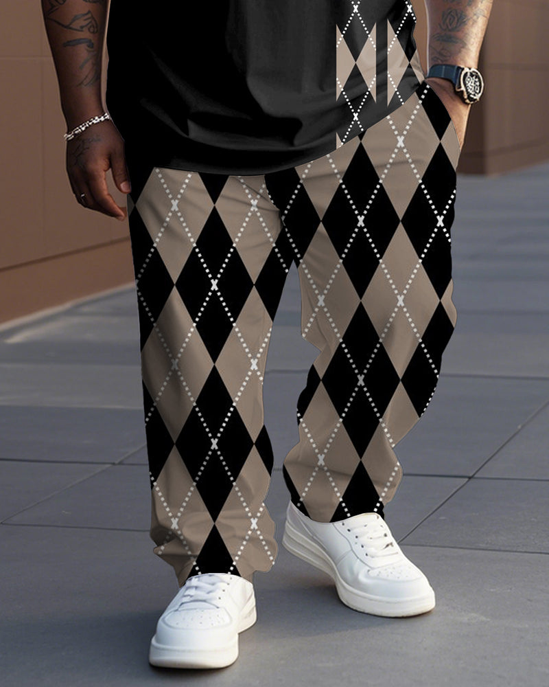 Big & Tall Men's Retro Black And Brown Stitching Geometric Rhombus Printed T-shirt Trousers Set