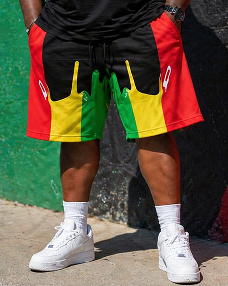 Big & Tall Men's Reggae Color Matching Drop Stitching Printed Crewneck Short Sleeve T-Shirt Shorts Set