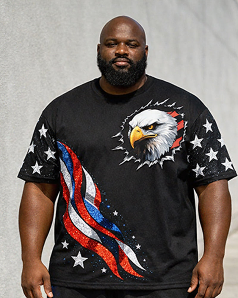 Big & Tall Men's American Flag Eagle Star Print Round Neck Short Sleeve T-Shirt Shorts Set
