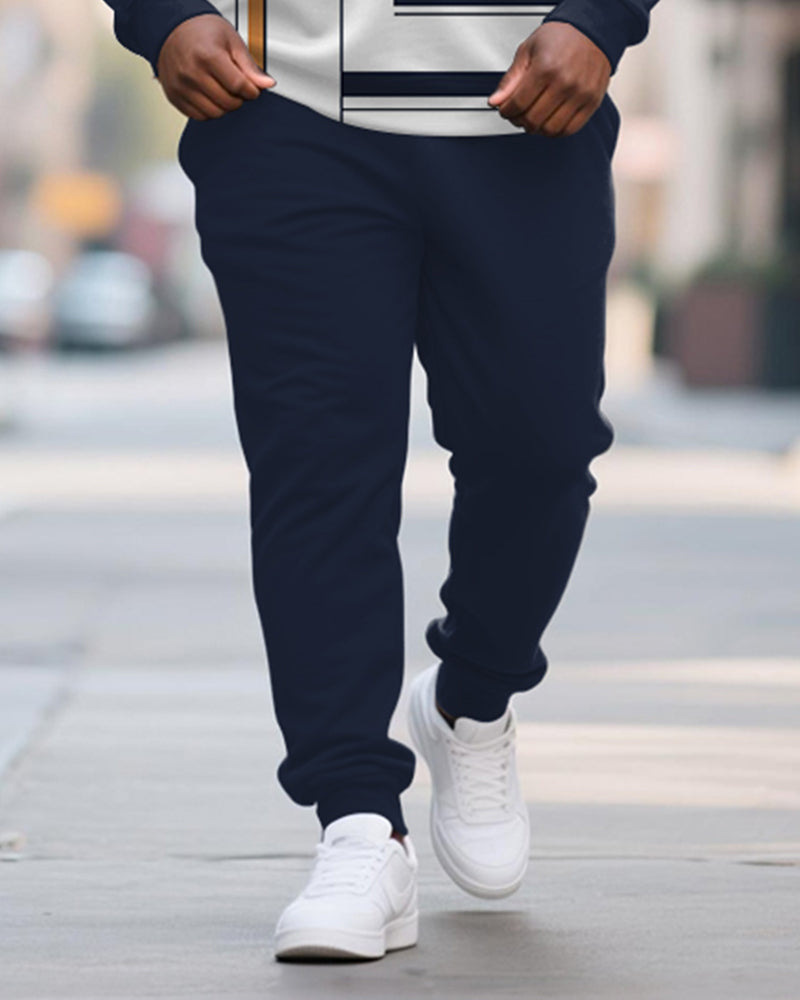 Big & Tall Men's Blue Geometric Print POLO Collar Zipper Long Sleeve Pants Two-Piece Set