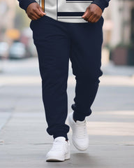 Big & Tall Men's Blue Geometric Print POLO Collar Zipper Long Sleeve Pants Two-Piece Set