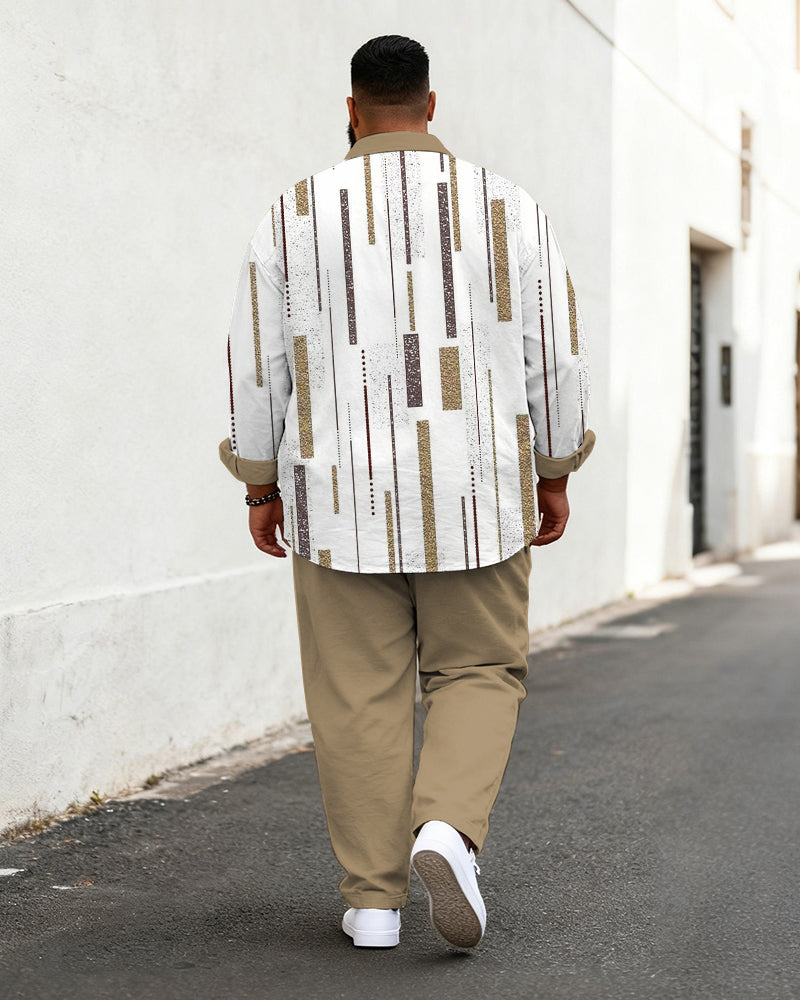 Big & Tall Men's Business Brown Striped Print Long Sleeve Shirt Pants Set
