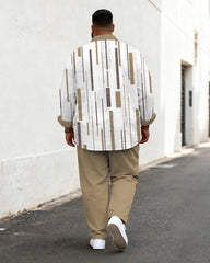 Big & Tall Men's Business Brown Striped Print Long Sleeve Shirt Pants Set