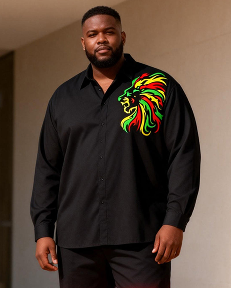 Big & Tall Men's Reggae Style Color Lion Print Long Sleeve Shirt Pants Set