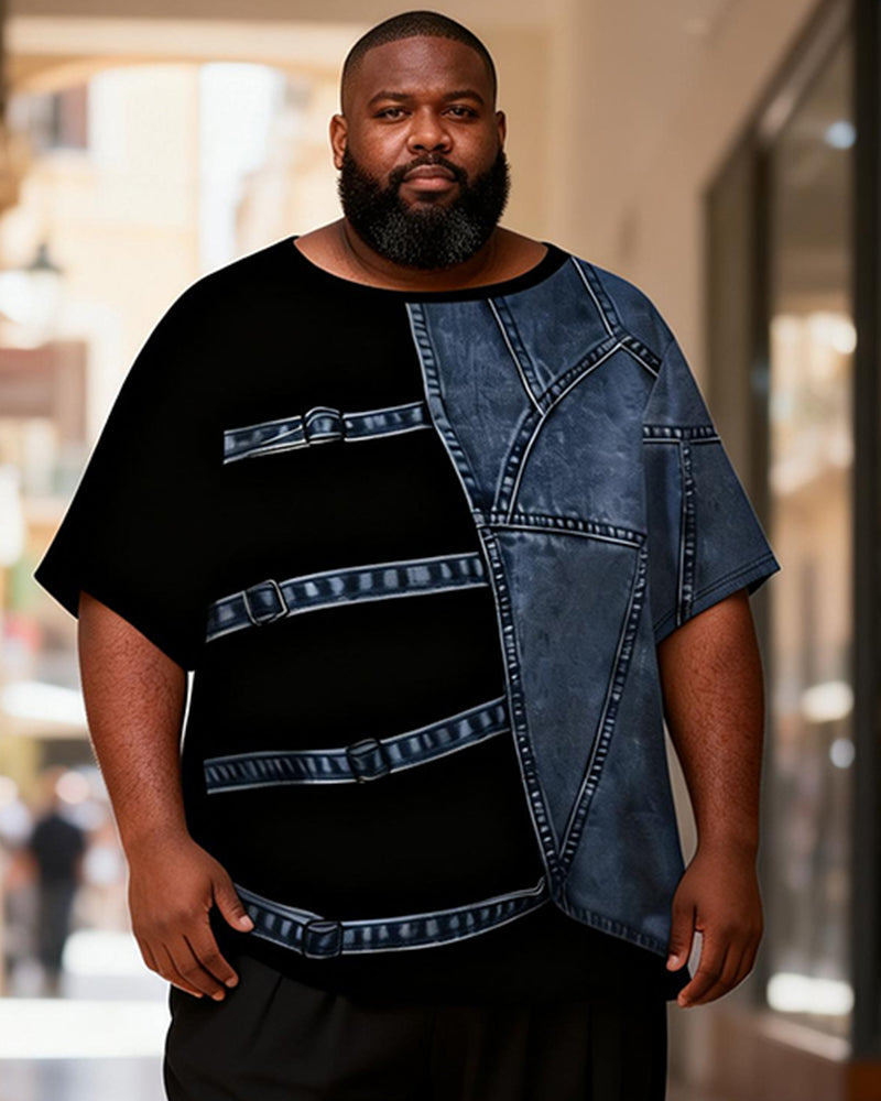 Big & Tall Men's Black And Blue Denim Patchwork Printed T-Shirt Pants Set