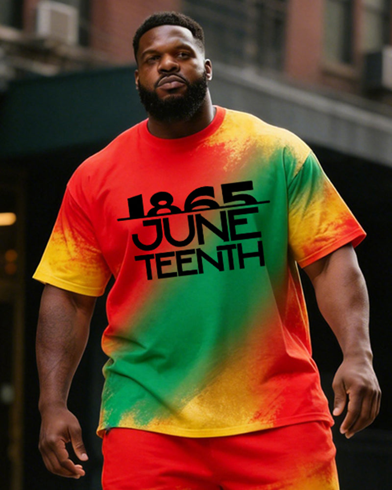 Big & Tall Men's1865 Juneteenth Red, Yellow And Green Gradient Printing Round Neck Short Sleeve T-shirt Shorts Set