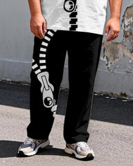 Big & Tall Men's Minimalist Black And White Contrast Zipper Printed T-Shirt Pants Set