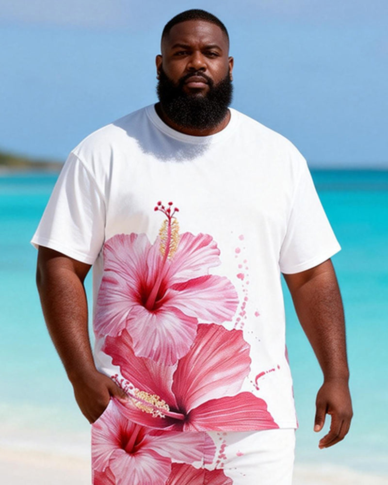 Big & Tall Men's Summer Hibiscus Flower Printed Crewneck Short Sleeve T-Shirt Shorts Set