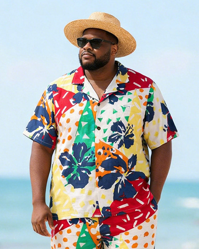 Big & Tall Men's Colorful Polo Hibiscus Flower Printed Short Sleeve Shirt Shorts Set