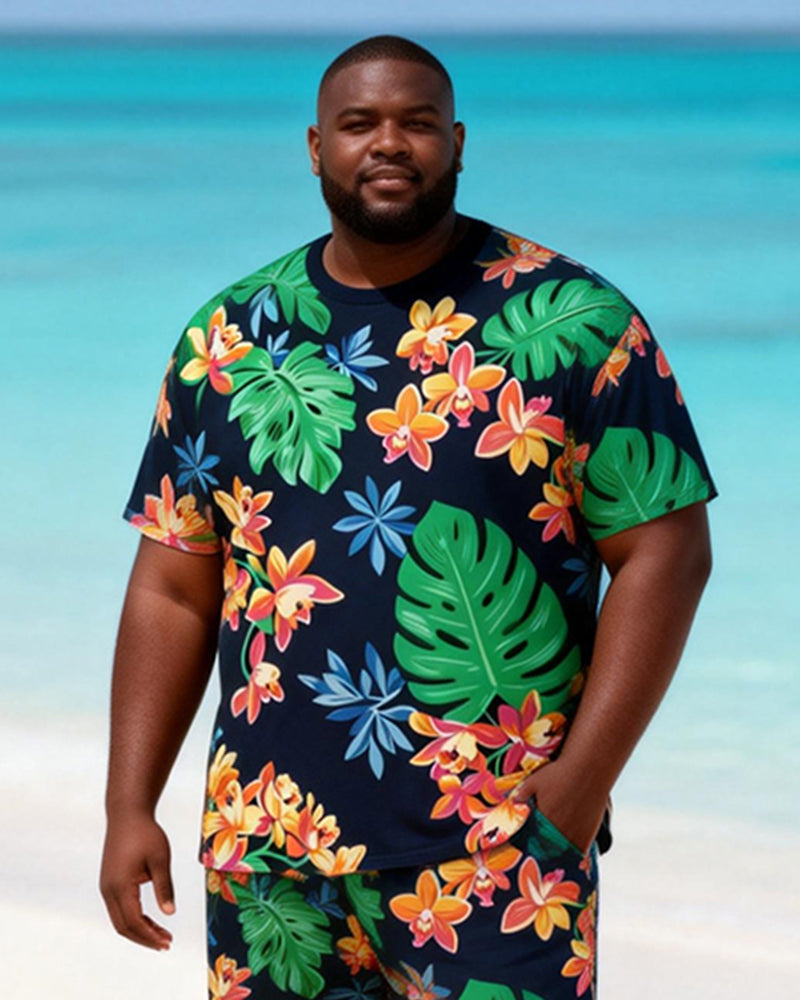 Big & Tall Men's Tropical Floral Tortoise Leaf Printed Round Neck Short Sleeve T-Shirt Shorts Set