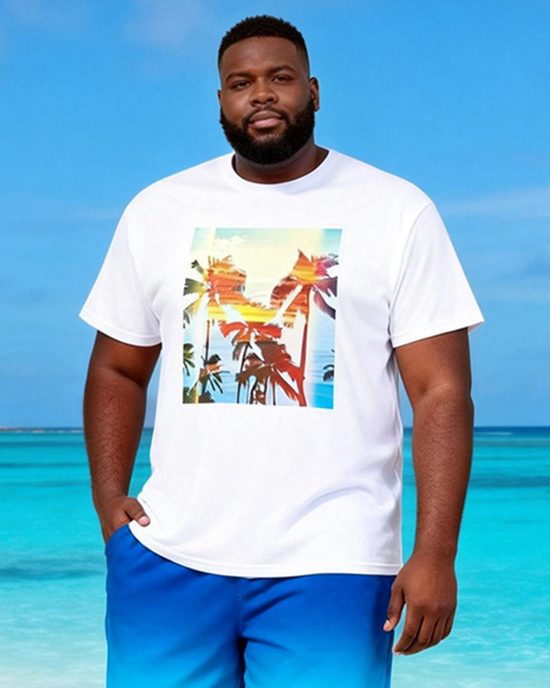 Big & Tall Men's Oil Painting Coconut Tree Print Round Neck Short Sleeve T-Shirt Shorts Set