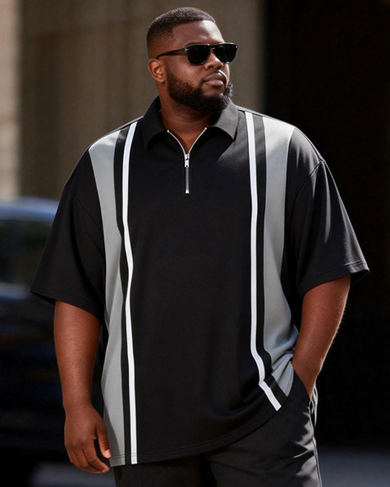 Big & Tall Men's Black And Grey Contrast Stripe Printed Zipper Polo Short Sleeve Pants Set