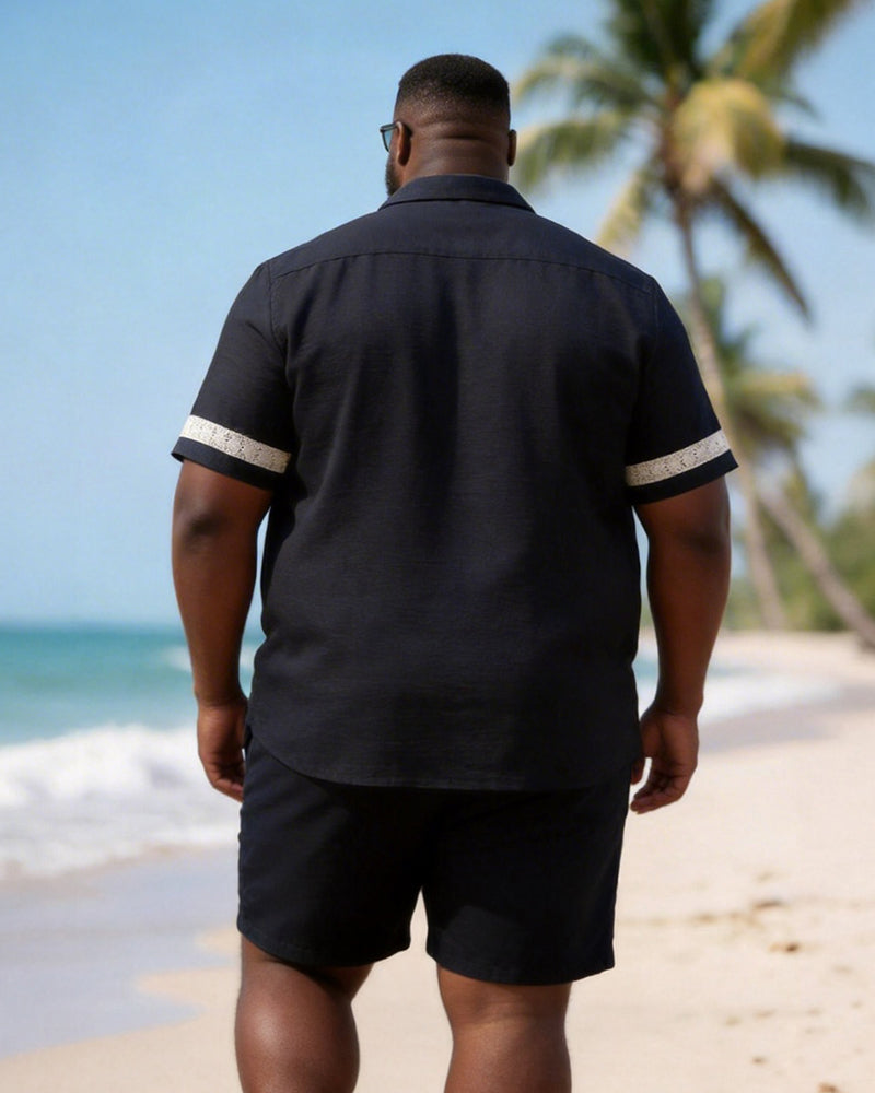 Big & Tall Men's Lace Stitching Printed Short Sleeve Shirt Shorts Set