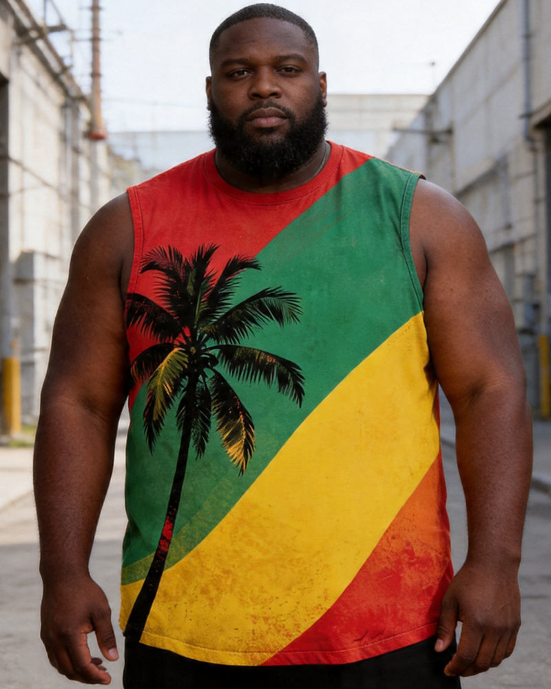 Big & Tall Men's Juneteenth Red Yellow Green Gradient Palm Tree Print Round Neck Sports Vest