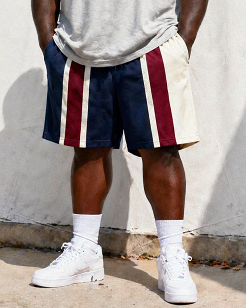 Big & Tall Men's Retro Striped POLO Letter Printed Round Neck Short Sleeve T-shirt Shorts Set