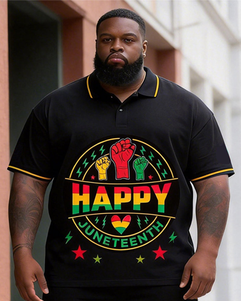 Big & Tall Men's Happy Juneteenth Fist Print POLO Short Sleeve Shorts Set