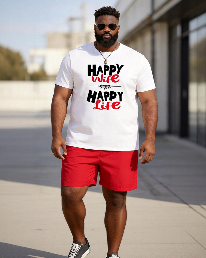 Big & Tall Men's "Happy Wife Happy Life" Printed Round Neck Short Sleeve T-Shirt Shorts Set