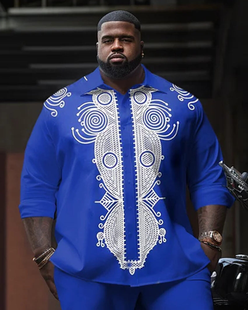 Big & Tall Men's Sapphire Blue African Totem Print Long Sleeve Shirt Trousers Set