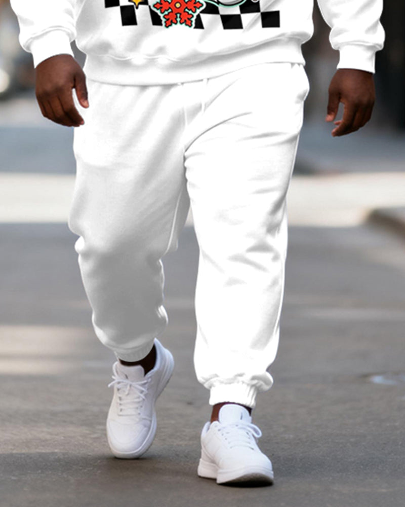 Big & Tall Men's White Checkerboard Santa Claus "Merry Christmas" Printed Crewneck Sweat Set