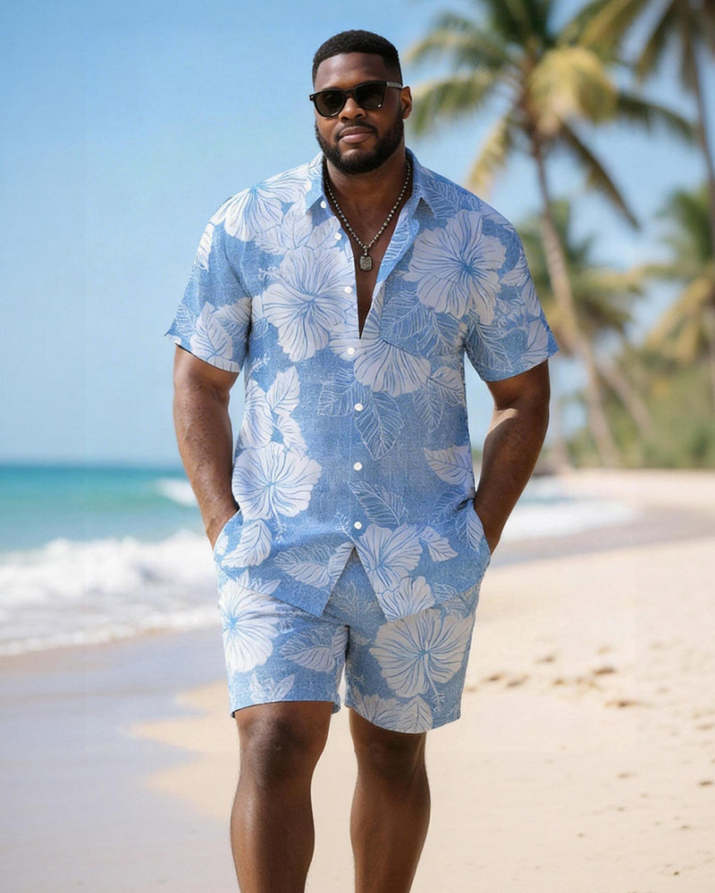 Big & Tall Men's Blue Hibiscus Flower Print Short Sleeve Shirt Shorts Set