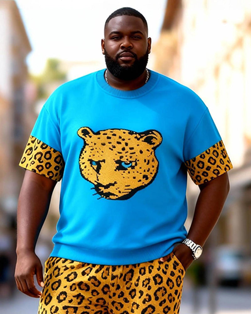 Big & Tall Men's Blue Leopard Head Contrast Printed Crew Neck Short Sleeve T-shirt Shorts Set