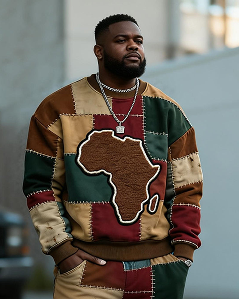 Big & Tall Men's African Map Patchwork Printed Round Neck Sweatshirt Set