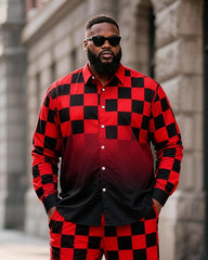Big & Tall Men's Red And Black Checkerboard Gradient Print Long Sleeve Shirt Pants Set