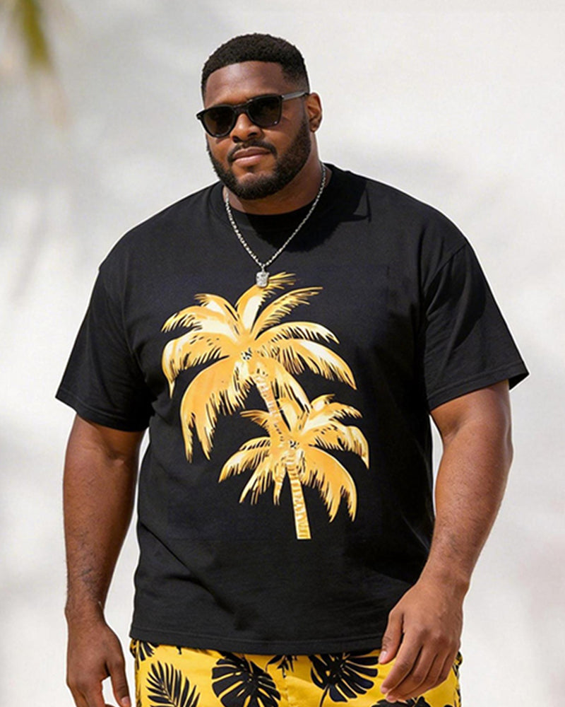Big & Tall Men's Coconut Tree Turtle Bamboo Leaf Printed Crewneck Short Sleeve T-Shirt Shorts Set