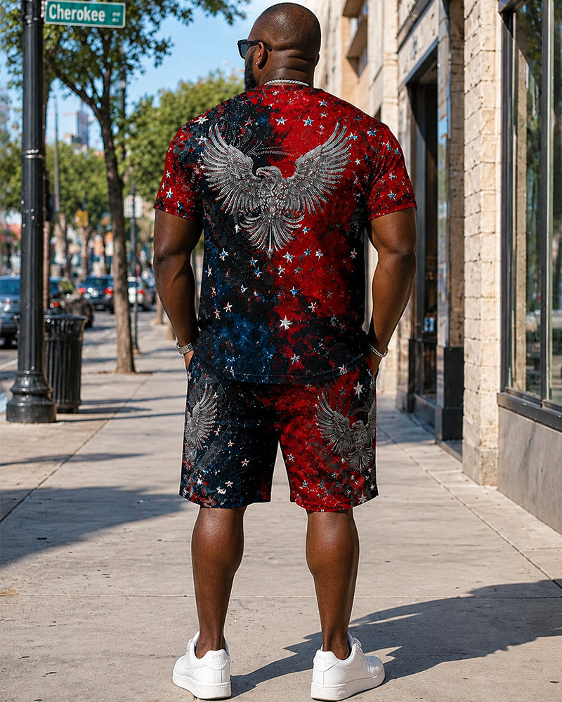 Big & Tall Men’s Red And Black Gradient American Flag Eagle Print Crew Neck Short-Sleeve T-Shirt And Shorts Set