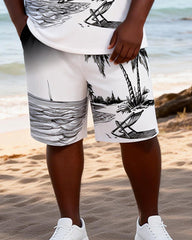 Big & Tall Men's Black And White Hand Painted Beach Printed Round Neck Short Sleeve T-Shirt Shorts Set