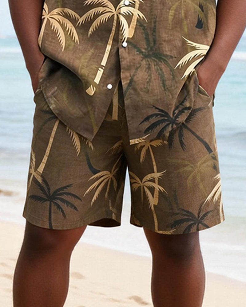 Big & Tall Men's Brown Coconut Retro Printed Short Sleeve Shirt Shorts Set